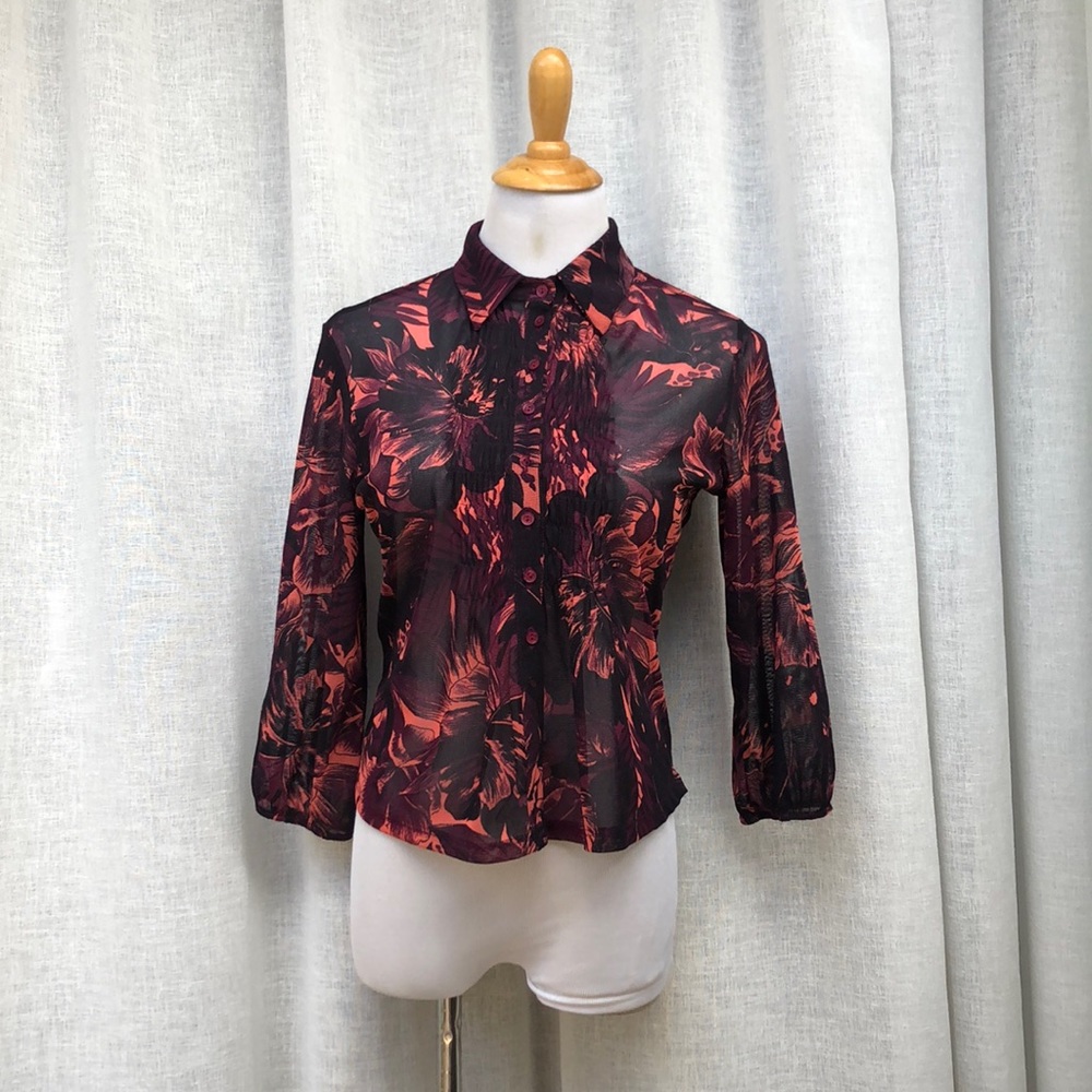 Axara Paris long sleeve maroon pink purple floral sheer blouse